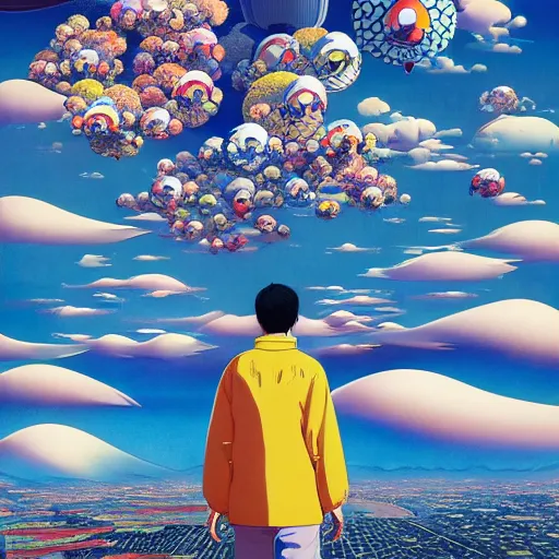 Image similar to a man walking on clouds away from the camera above kyoto by takashi murakami, beeple and james jean, aya takano color style, 4 k, super detailed, modern, 4 k, symmetrical