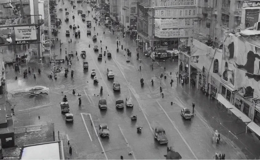 Prompt: 40s aerial historic footage of a sovietic street with pedestrians, top shot , aerial photograph Cinestill 800t 18mm, heavy grainy picture, very detailed, high quality, 4k panoramic, billboards and streetlight at night, rain, mud, foggy