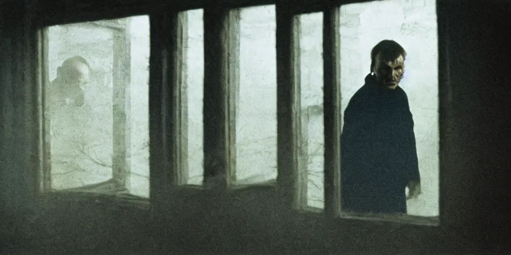 Prompt: detailed analog medium format photo from tarkovsky movie stalker, perspective of man looking through window while someone sinister watches him from outside in distance, haze, high production value, intricate details, 8 k resolution, hyperrealistic, hdr, photorealistic, high definition, tehnicolor, award - winning photography, masterpiece, amazing colors