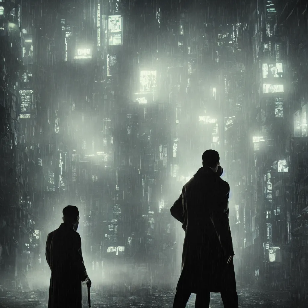 Prompt: Movie poster, ONE SINGLE detective in trench coat looking away from the camera, cyberpunk, futuristic, technology, , cinematic lighting, depth of field, highly detailed, volumetric fog, dark, moody, gritty