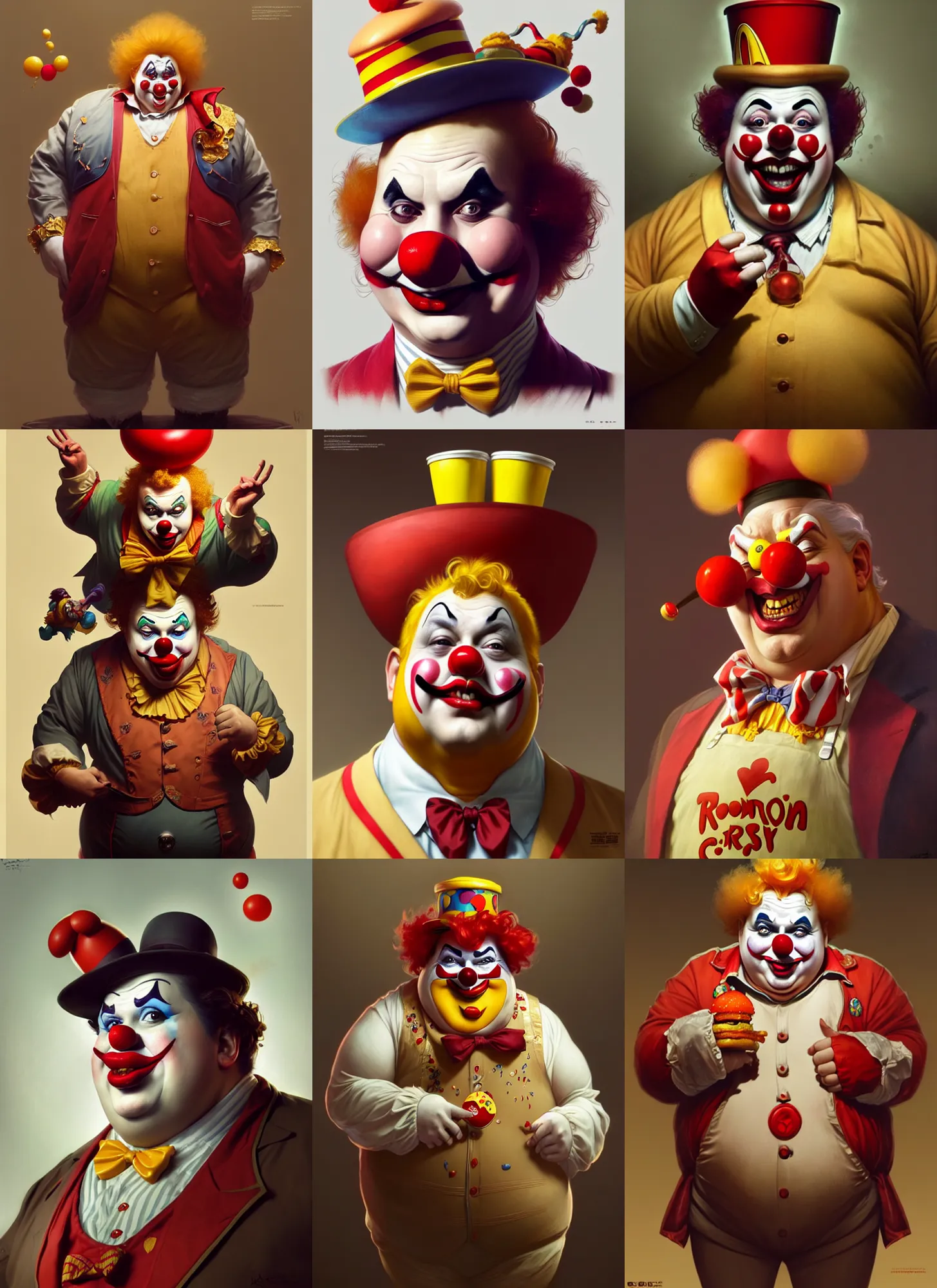 Prompt: Portrait of very fat clown dressed as Ronald Macdonalds, intricate, highly detailed, digital photography, artstation, concept art, 4k, art by Yintion J and Jiang Geping and artgerm and greg rutkowski and alphonse mucha