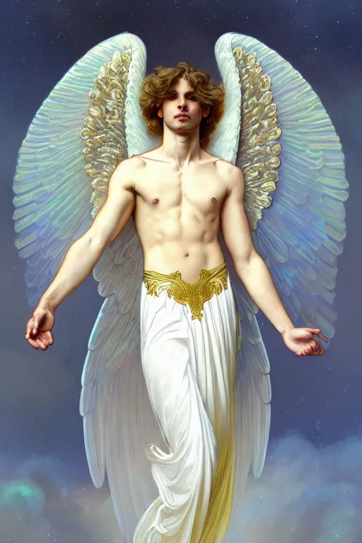 Prompt: fullbody portrait of a beautiful young fit male angel with curly blond hairs, soft smile, closed eyes, open blessing palms, dressed in long fluent skirt, majestic symmetrical soft eagle wings, luminous halo, by greg rutkowski and alphonse mucha, gradient white to gold, in front of an iridescent background, highly detailed portrait, digital painting, smooth, focus illustration