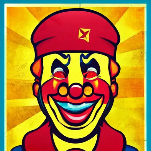 Image similar to communist clown, soviet propaganda, vivid colors, poster art style, detailed image, red, yellow, cyan, detailed lines, portrait