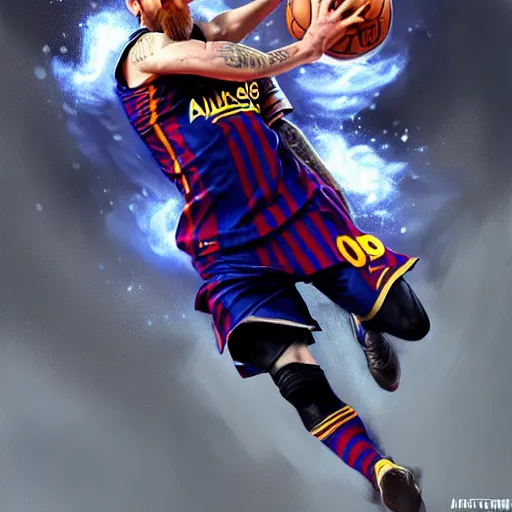 Image similar to Messi dunking a basketball in the NBA, D&D style, fantasy, intricate, elegant, highly detailed, digital painting, artstation, concept art, matte, sharp focus, illustration, art by Artgerm and Greg Rutkowski and Alphonse Mucha