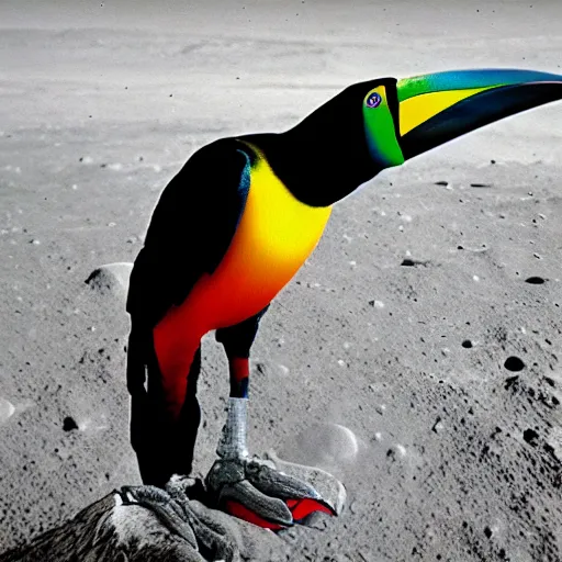 Prompt: photography hyperrealistic tucan on the moon