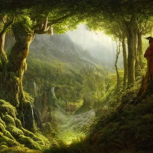 Image similar to a beautiful and highly detailed matte painting of a fantasy forest in the lush valley high in the most epic mountains ever, intricate details, epic scale, insanely complex, 8 k, sharp focus, hyperrealism, very realistic, by caspar friedrich, greg rutowski, james gurney