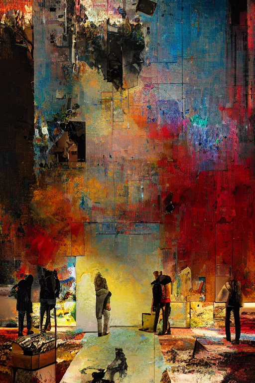 Image similar to a beautiful glitched painting by robert proch of people in front of a painting in a museum gallery, metal rust and plaster materials, pixel sorting, color bleeding, brushstrokes by jeremy mann, still life, dark colors