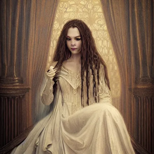 Prompt: Princess at a royal banquet, elegant dress, intricate, matte, 8K, warm lighting, large staircase, royalty, ultra detail, medieval-fantasy, concept art, cinematic, by Leesha Hannigan, beautiful face, high detailed facial features, masterpiece, trending,