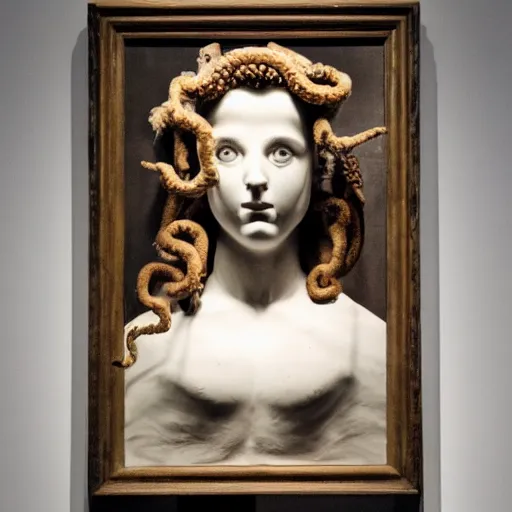 Prompt: a taxidermized medusa mythology, in a museum, portrait,