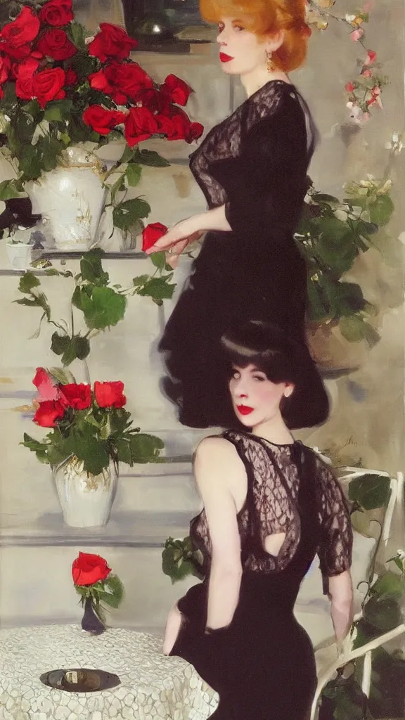 Image similar to beautiful young julee cruise in detailed golden sleeve balloon lace dress beside a pot of red roses set near a persian pot by john singer sargent