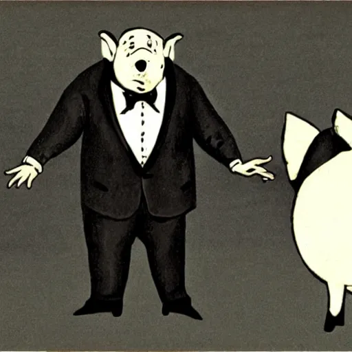 Image similar to a pig in a tuxedo, illustration by Edward Gorey