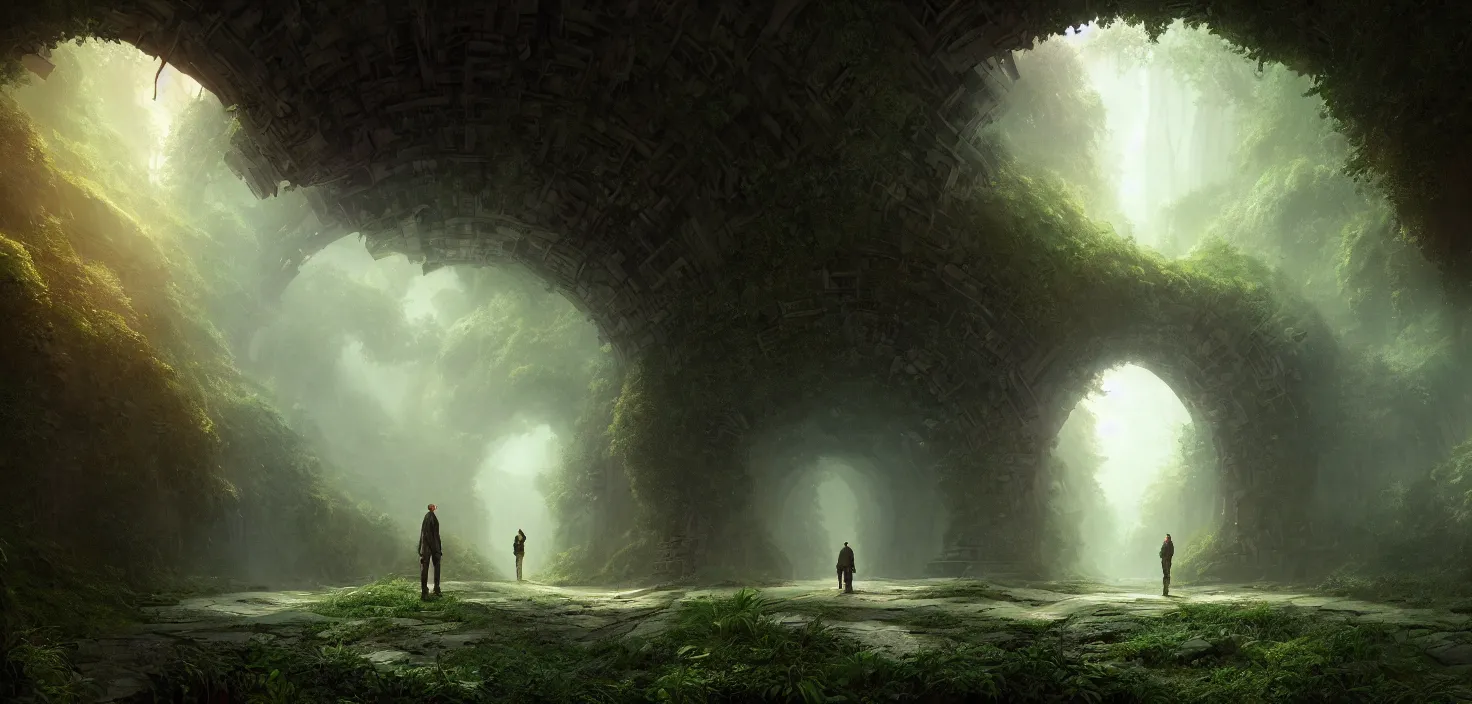 Image similar to a man standing in a tunnel in the middle of a forest, a matte painting by stephan martiniere, featured on cgsociety, fantasy art, matte painting, unreal engine 5, tesseract