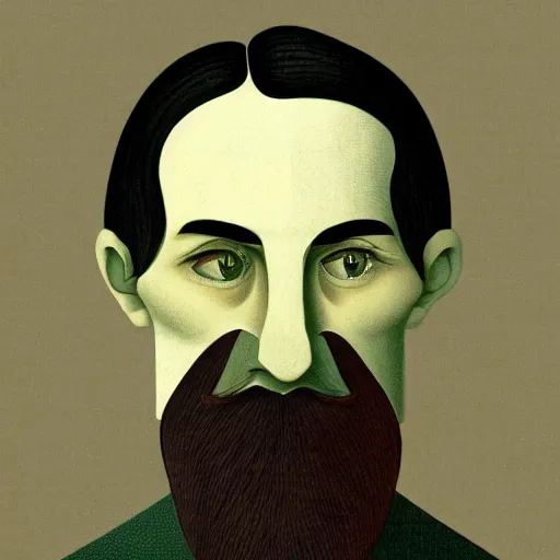 Prompt: young man, long hair, short facial hair, no mustache, dark green eyes, dark eyebrows, light widows peak light facial hair, in the style of mauritz cornelis escher, in - frame