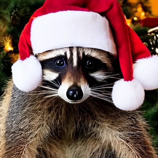 Image similar to raccoon santa vastly underestimated how difficult it would be to give a present to everyone in the world.