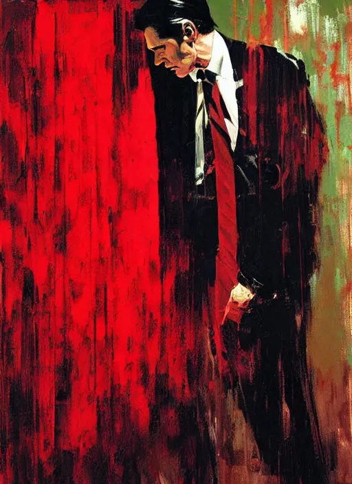 Prompt: agent dale cooper, red curtains, mysterious!! painting by phil hale, 'action lines'!!!, graphic style, visible brushstrokes, motion blur, blurry