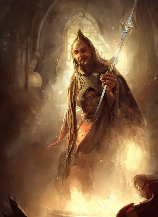 Image similar to a humble human cleric painted by raymond swanland