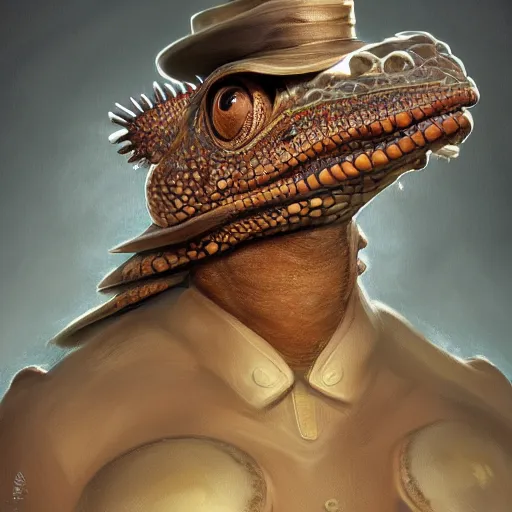 Image similar to an anthropomorphic chameleon wearing a 10-gallon hat, full body portrait, wide angle, D&D, fantasy, intricate, elegant, highly detailed, digital painting, artstation, concept art, matte, sharp focus, illustration, hearthstone, art by Artgerm and Greg Rutkowski and Alphonse Mucha