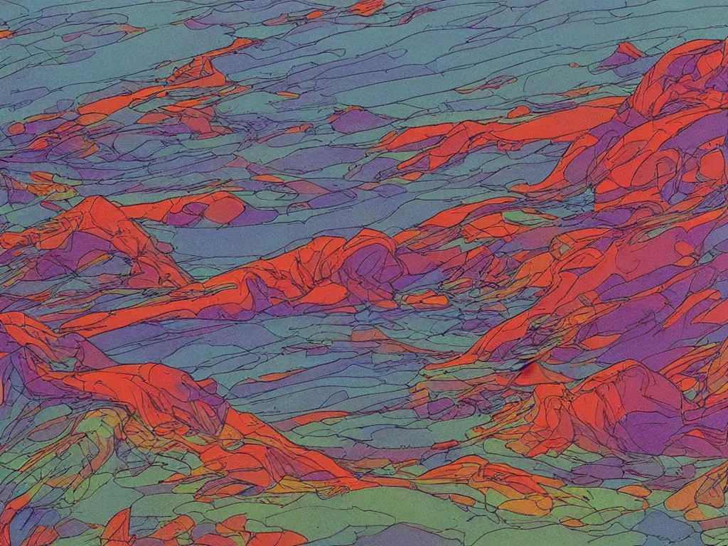 Prompt: moebius drawing painting landscape vibrant colors liquid