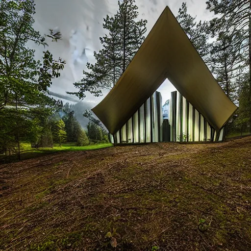 Image similar to solarpunk chapel building, high tech futuristic gothic, in nature with nothing else around, beautiful ambient lighting, forest and mountains and beams of light, realistic photo