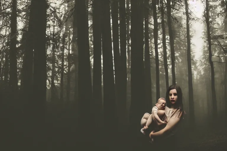 Image similar to a cinematic photo of a young woman with dark hair holds a baby in a dark, foggy forest, closeup, masterpiece