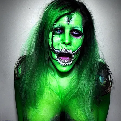 Prompt: a portrait photo of a poison themed female villain, green glowing cracks on face, poison dripping, gloom, scary face, extremely detailed,