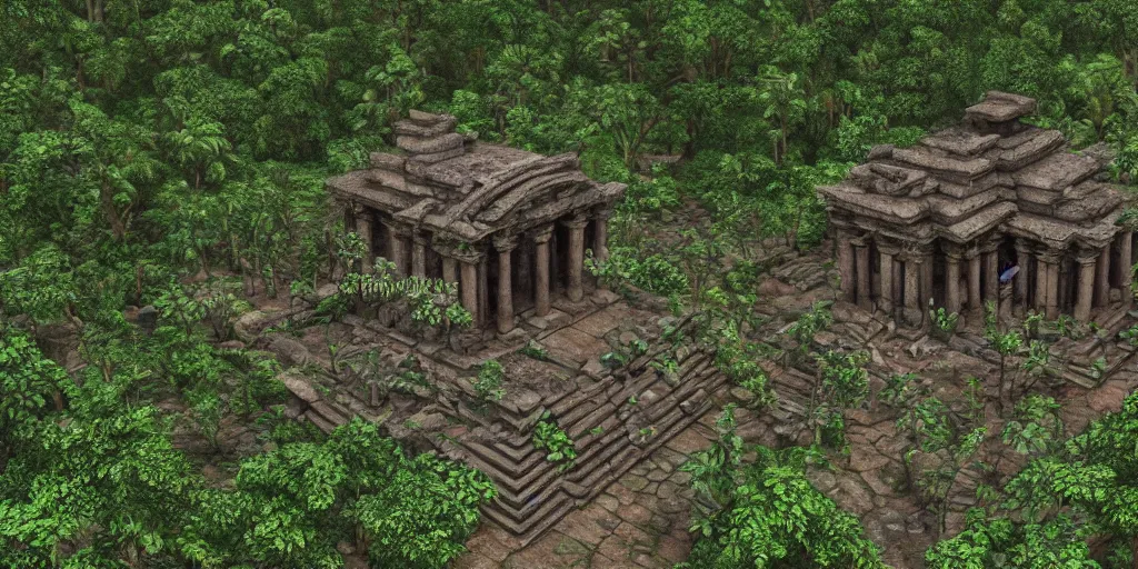 Prompt: an ancient temple found in a thick jungle surrounded by trees and thick bushes, high detail, high definition, photorealistic, 8k