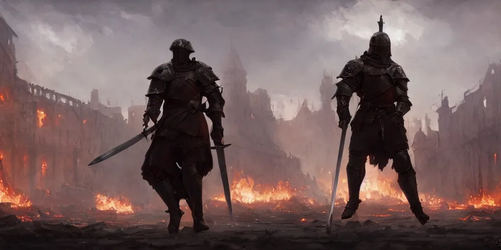 Image similar to a painting of a cinematic keyframe of a medieval knight warrior with his sword walking into a destroyed medieval town, with fire by greg rutkowski, dark fantasy art, high detail, trending on artstation