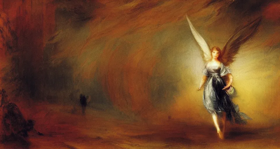 Prompt: Angel knight gothic girl on a neoclassical city. By Joseph Mallord William Turner, fractal flame, highly detailded