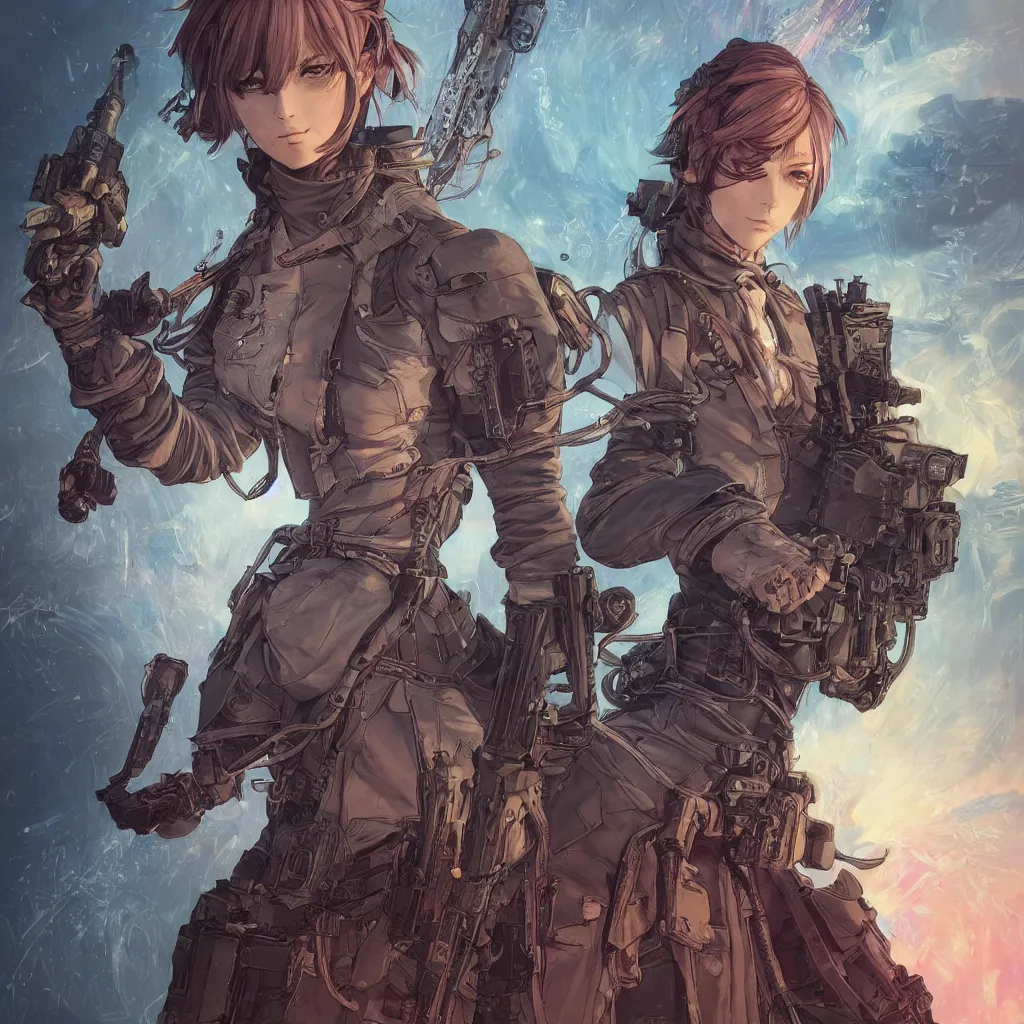 Image similar to the portrait of lcyberpunk cat - colorful female infantry gunner as absurdly beautiful, gorgeous, elegant, young anime girl, an ultrafine hyperdetailed illustration by caspar david friedrich, irakli nadar, intricate linework, bright colors, octopath traveler, final fantasy, unreal engine 5 highly rendered, global illumination, radiant light, detailed and intricate environment