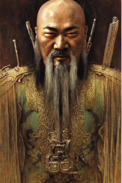 Image similar to a portrait of guan yu by wayne barlowe, gustav moreau, goward,  Gaston Bussiere and roberto ferri, santiago caruso, and austin osman spare, ((((occult art))))