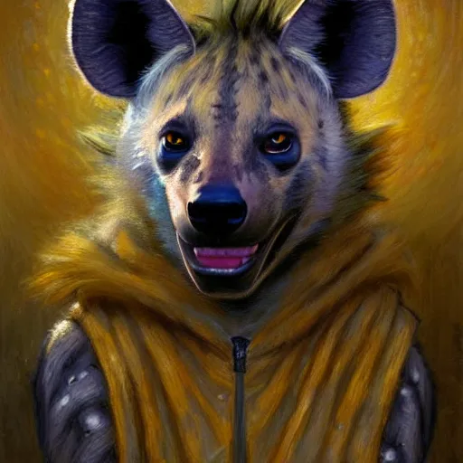 Prompt: a portrait of a hyena hyenaman canine in wizard robes. cinematic zootopia fursona furaffinity furry art detailed face painting by gaston bussiere craig mullins jc leyendecker gustav klimt artgerm greg rutkowski furry