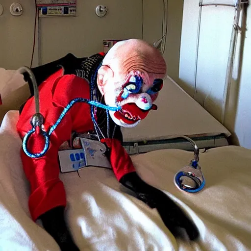 Image similar to elderly clown with violent restraints connected to hospital bed