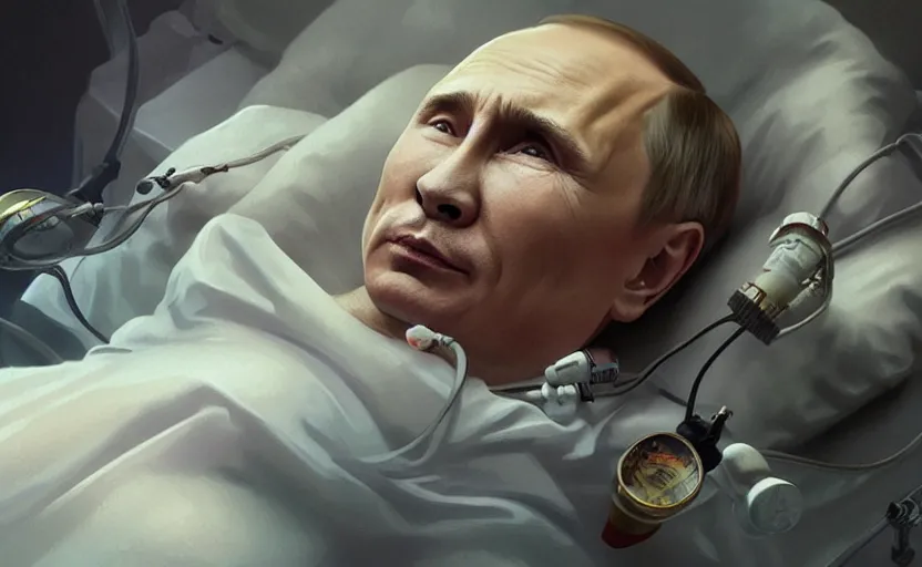 Image similar to Putin suffocates with oxygen mask on a death bed, intricate, portrait, highly detailed, digital painting, artstation, concept art, smooth, sharp focus, illustration, cinematic lighting, art by artgerm and greg rutkowski and alphonse mucha