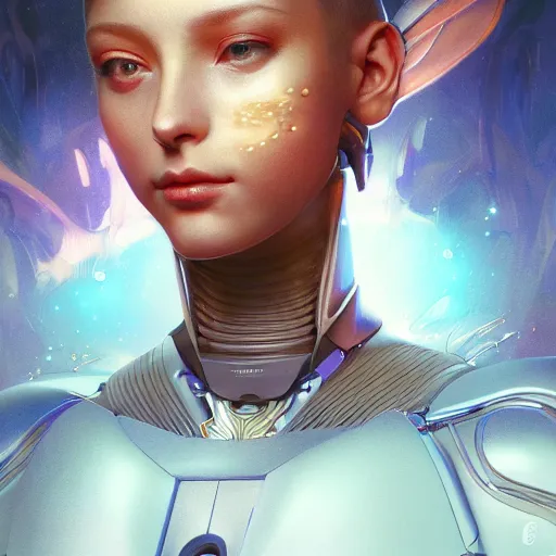 Image similar to portrait of a futuristic android princess, science fiction, smooth technology, smooth body, fairy wings, intricate, headshot, highly detailed, digital painting, trending on artstation, concept art, sharp focus, cinematic lighting, illustration, art by masamune shirow and greg rutkowski, alphonse mucha, cgsociety