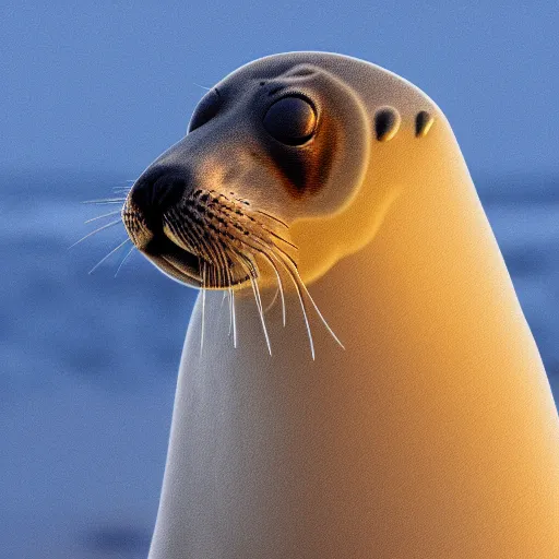 Prompt: arctic seal staring into the eyes of a beautiful man with brown curly hair, high cheek bones, small nose and blue eyes, golden sunset in the background, side profile view, high detail, cinematic, digital art