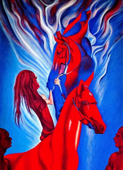 Image similar to only with blue, ney motogrosso in love with a red stallion, too many hands in all directions, in hoc signo vinces, waterfall, in the style of leonora carrington, gottfried helnwein, intricate composition, blue light by caravaggio, insanely quality, highly detailed, masterpiece, red light, artstation