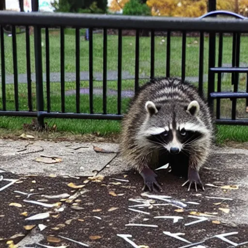 Image similar to angry raccoon vandalizing a children's playground