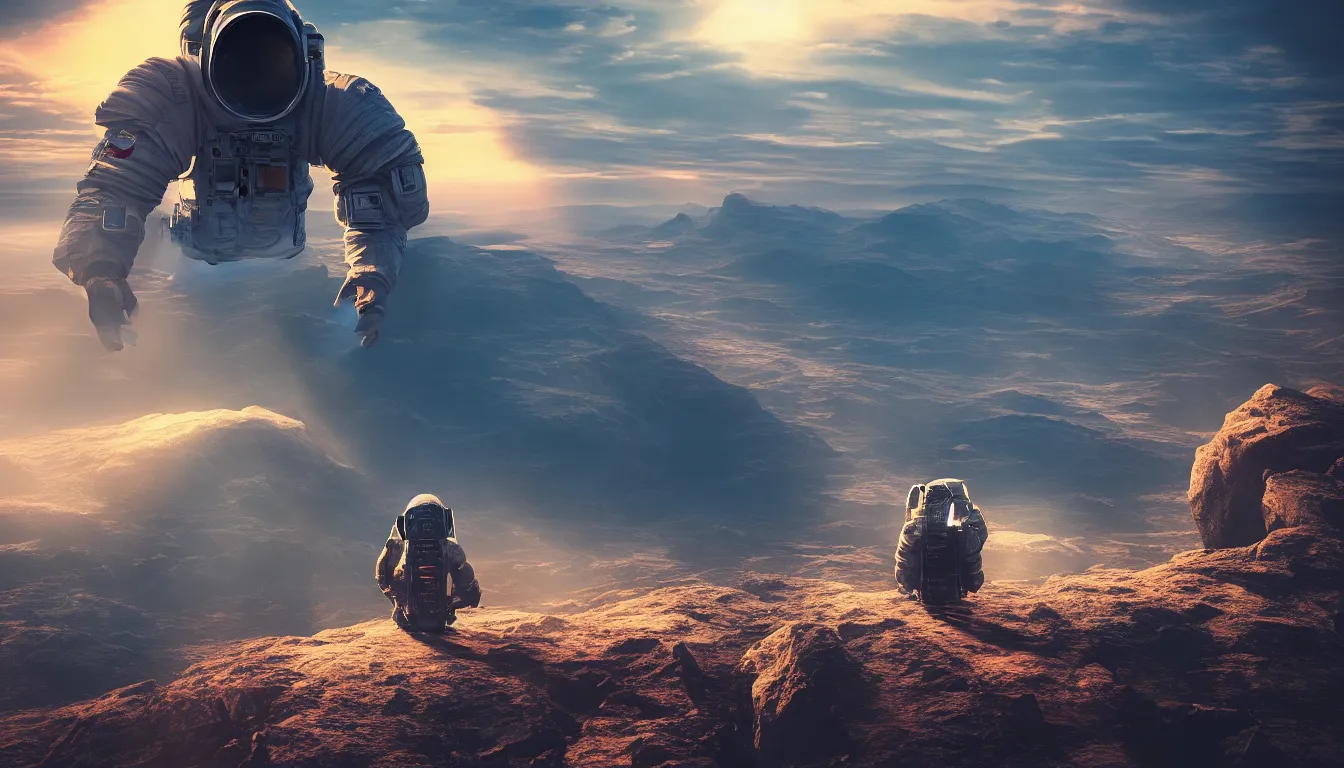 Prompt: lone cyberpunk astronaut sat on top of a mountain looking at the horizon of a unknown planet, close shot, sunset, cinematic, epic, dark scenario, 8k, award winning,