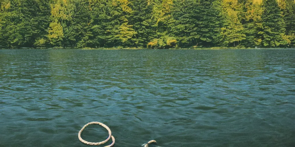 Prompt: symmetrical photograph of an infinitely long rope submerged on the surface of the water, the rope is snaking from the foreground towards the center of the lake, a dark lake on a cloudy day, trees in the background, dreamy kodak color stock, anamorphic lens