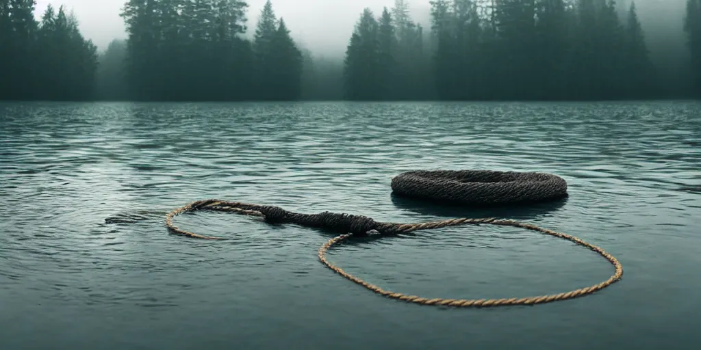 Image similar to symmetrical photograph of an infinitely long rope submerged on the surface of the water, the rope is snaking from the foreground towards the center of the lake, a dark lake on a cloudy day, trees in the background, moody, kodak colorf, anamorphic lens