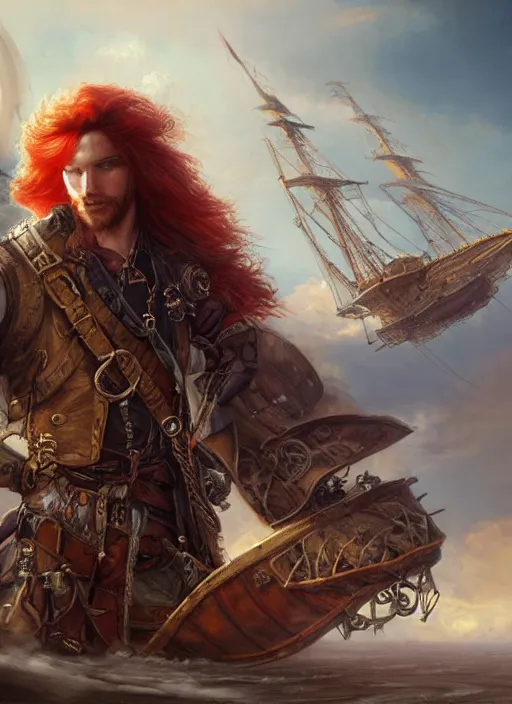 Prompt: a portrait of a long haired, red headed male sky - pirate in front of an airship, steampunk fantasy, intricate, elegant, highly detailed, digital painting, trending on artstation, concept art, smooth sharp focus, illustration, art by artgerm and greg rutkowski