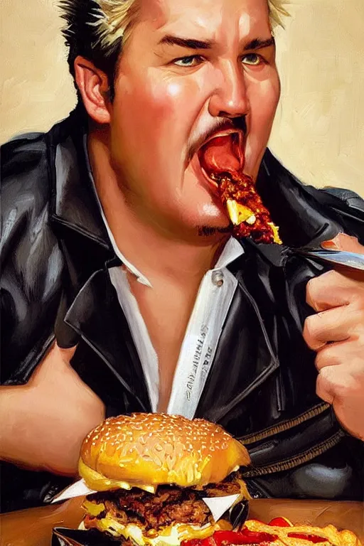 Prompt: guy fieri devouring burger, painting by jc leyendecker!! phil hale!, angular, brush strokes, painterly, vintage, crisp