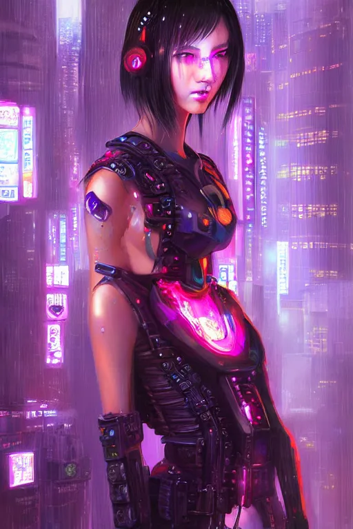 Prompt: portrait futuristic stunning cyberpunk young knights of Zodiac girl, in futuristic heavily raindrop tokyo rooftop cyberpunk night, ssci-fi, fantasy, intricate, very very beautiful, elegant, neon light, highly detailed, digital painting, concept art, human anatomy, soft light, hdri, smooth, sharp focus, illustration, art by tian zi and craig mullins and WLOP and alphonse mucha