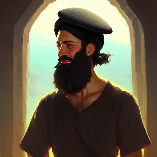 Image similar to a happy merchant jew wearing kippah!!!, rubbing hands!!!, evil, tricky!!, black curly beard, black curly hair, black eyes, hooked nose!, by greg rutkowski, artstation, by artgerm, by wlop