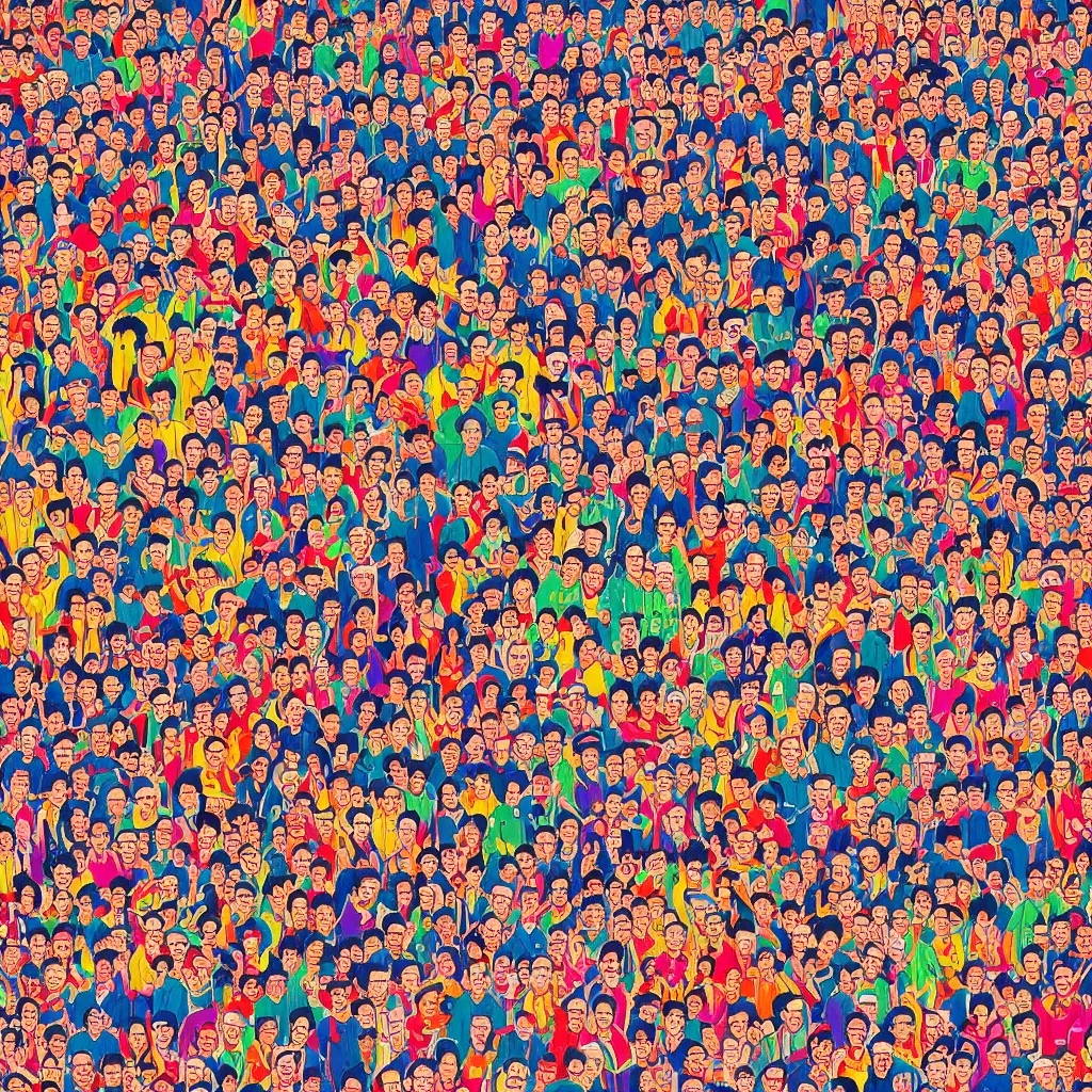 Image similar to a Where's Wally of a chinese prison by lisa frank, beautiful, bold colors, detailed, high resolution, realistic, intricate