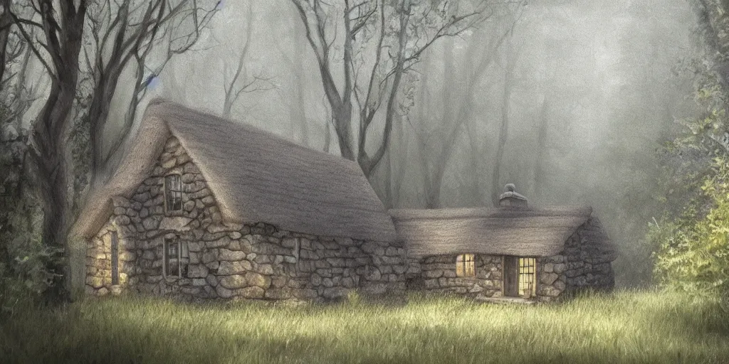 Image similar to a painting of a close up of a single cottage with a thached roof in the woods and empty woods, 8k, fantasy, hyper realistic, dramatic lighting, cinematic