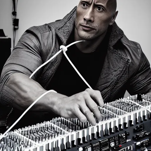 Image similar to dwayne johnson playing a modular synthesizer with lots of wires, ultra realistic, canon 3 5 m m photography, portrait