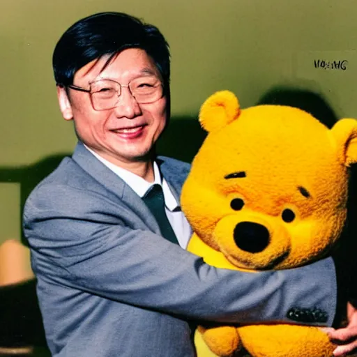 Prompt: polaroid photograph and ccp president xi jing ping pictured with winnie the pooh