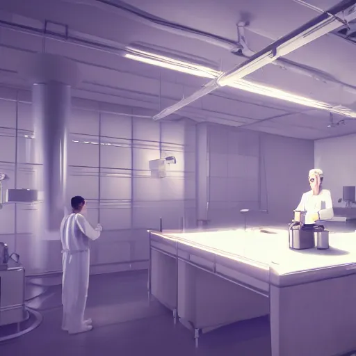 Image similar to muted colors, enlightenment era, 3 d octane render, unreal engine, realistic, and young scientist! standing in his laboratory observing a huge complex experiment!!, detailed, volumetric lighting