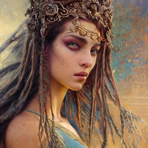 Image similar to intricate detail, hyper detail, by gaston bussiere, bayard wu, greg rutkowski, h. r. giger, greg rutkowski, sandro botticelli, lady of elche, techno mystic princess intergalactica, inanna, ashteroth, with aqua rapunzel dreadlocks, detailed, masterpiece, sharp focus,